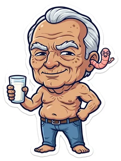 R.F. Kale Jr., shirtless in blue jeans, a hand on his hip and a glass of milk in the other, a tiny worm in his ear