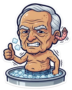 R.F. Kale Jr. in a tub of ice, gritting his teeth and giving a thumbs-up, the worm in a beanie