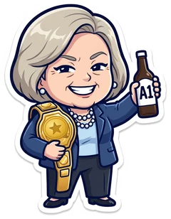 Linda McMayhem in a blazer and pearls, grinning, holding up a bottle labelled A1, a gold championship belt over her shoulder