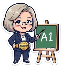 Linda McMayhem in a blazer, pearls and a gold championship belt, pointing at a chalkboard that says A1