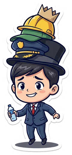 Little Marco under a wobbly stack of hats, a paper crown on top, holding a water bottle