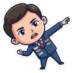 Little Marco in a suit with five name badges, stretching for something out of reach