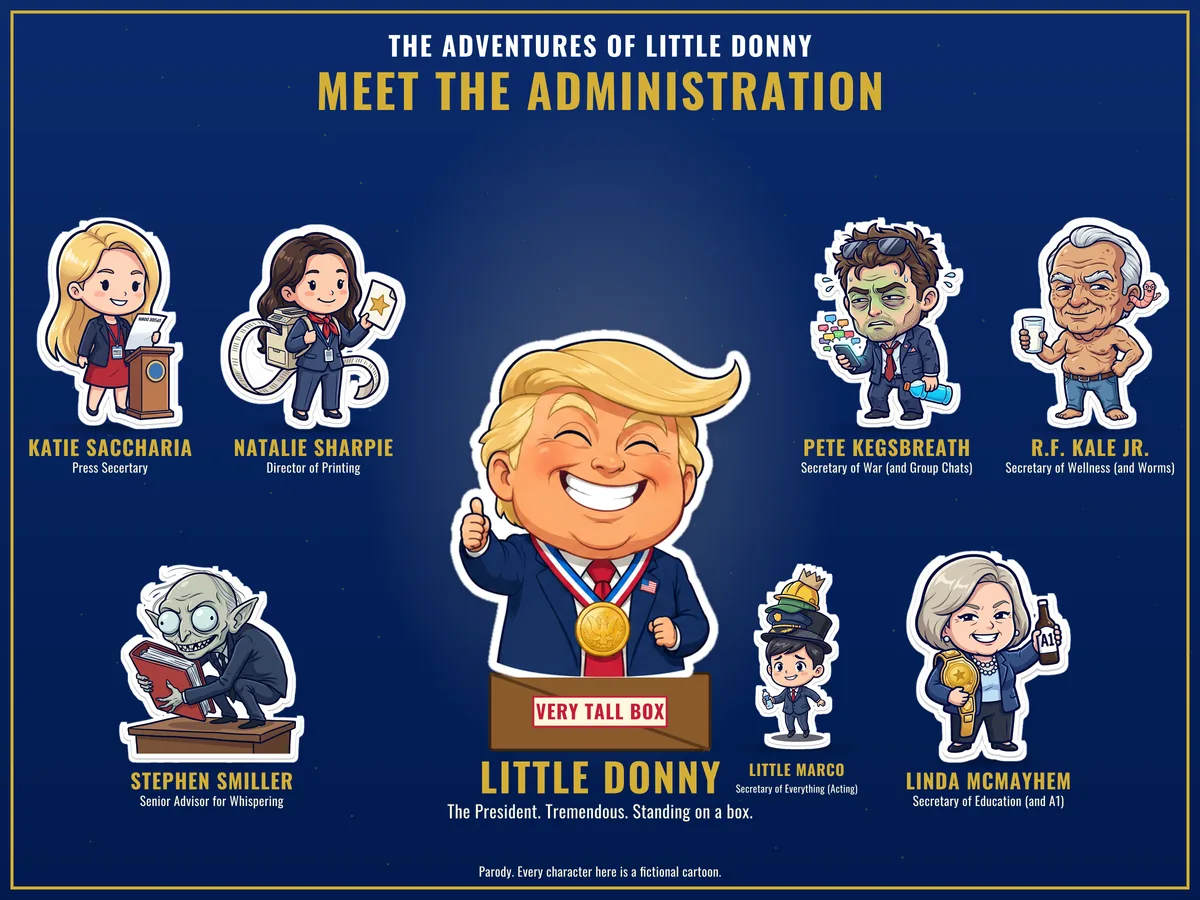 Meet the Administration: Little Donny, the President, stands on his Very Tall Box in the middle, with tiny Little Marco, Secretary of Everything (Acting), beside it. On his left: Katie Saccharia, Press Secertary; Natalie Sharpie, Director of Printing; and Stephen Smiller, Senior Advisor for Whispering. On his right: Pete Kegsbreath, Secretary of War; R.F. Kale Jr., Secretary of Wellness; and Linda McMayhem, Secretary of Education.