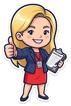 Katie Saccharia giving a thumbs-up, her clipboard upside down