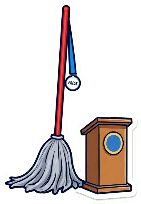 The Mop, Donny's press secretary (acting), standing beside the podium with a PRESS badge on its handle