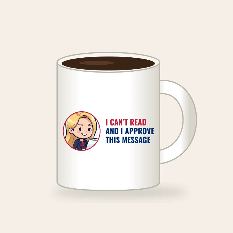 "I Can't Read And I Approve This Message" Mug, a mockup photo.