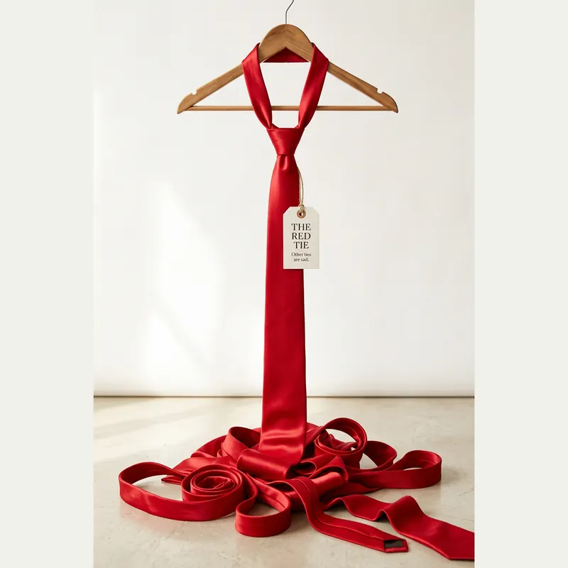 The Red Tie on a wooden hanger, very long, pooling on the floor, with a tag: Other ties are sad.