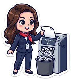 Natalie Sharpie, smiling, feeding a page into a shredder over a full bin