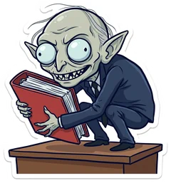 Stephen Smiller, a hunched, wide-eyed advisor, hugging the Binder